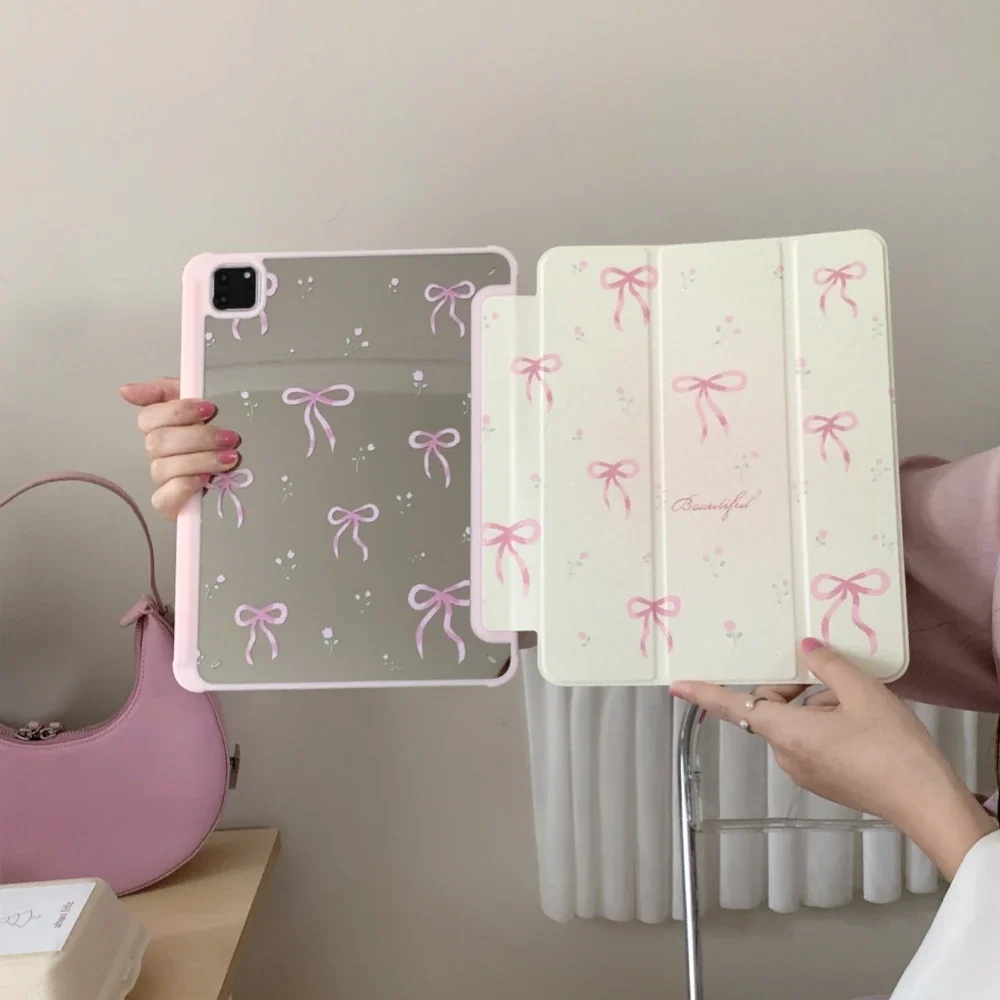 Pink Bow Mirror Tablet Case for Apple IPad Pro 11 Inches 9th 10th 7th 8th 9.7 6th Air 5 4 10.9 Inch Case with Pencil Slot Holder