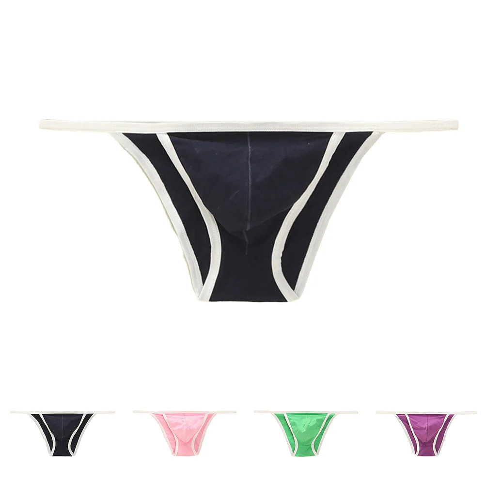 Men Sexy Briefs Cotton Low Rise Breathable String Bikini Contoured Pouch Bulge Jersey Color Erotic Slim Fit Thin T-back Thong