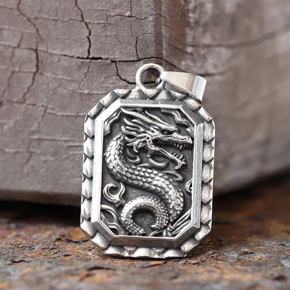 2024 NEW Vikings Dragon Ouroboros Necklace Vintage Animal Scales Carved Texture Pendant Men Punk Hip Hop Stainless Steel Gift