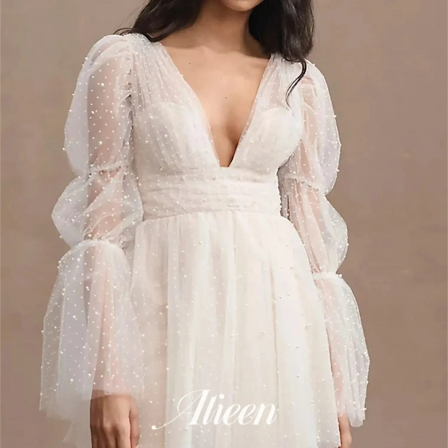 

Aileen Short Style Puff Sleeves Ivory White Bead Dress Women Elegant Party Dresses 2024 for Wedding Dress Robe De Soiree Femmes