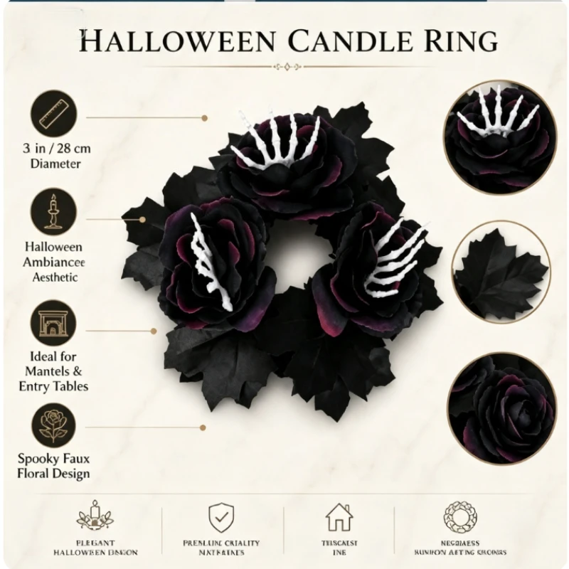 Artificial Black Maple Leaf Candelabra Wreath with Skeleton Hand Halloween Table Centerpiece Décor for  Mantel Festive Display