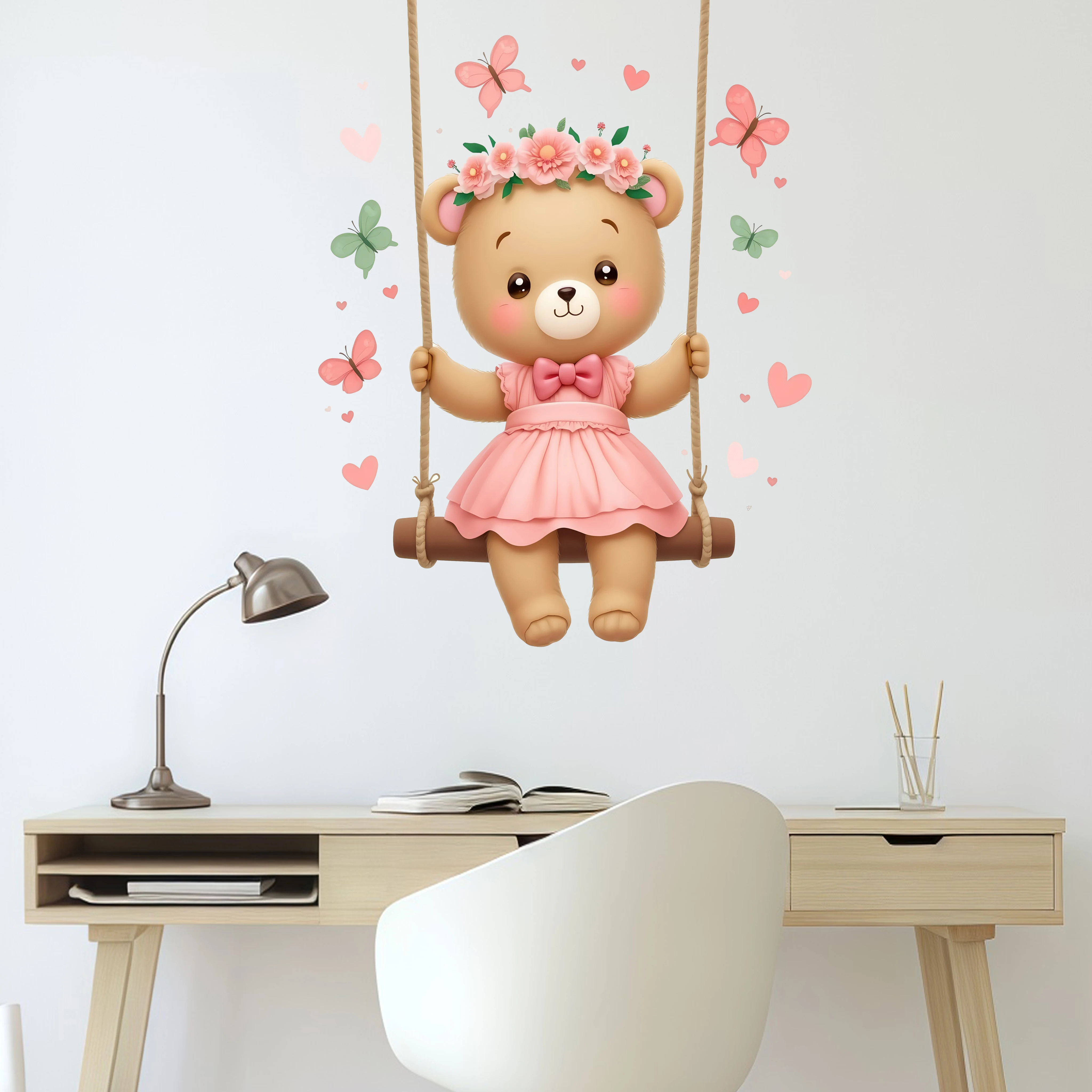 Rosa Swing Bear selbstklebende Wandaufkleber für Wohnzimmer, Schlafzimmer, Badezimmer, Heimdekoration, Vinyl-Aufkleber, Frühlingsdekoration, erfrischend