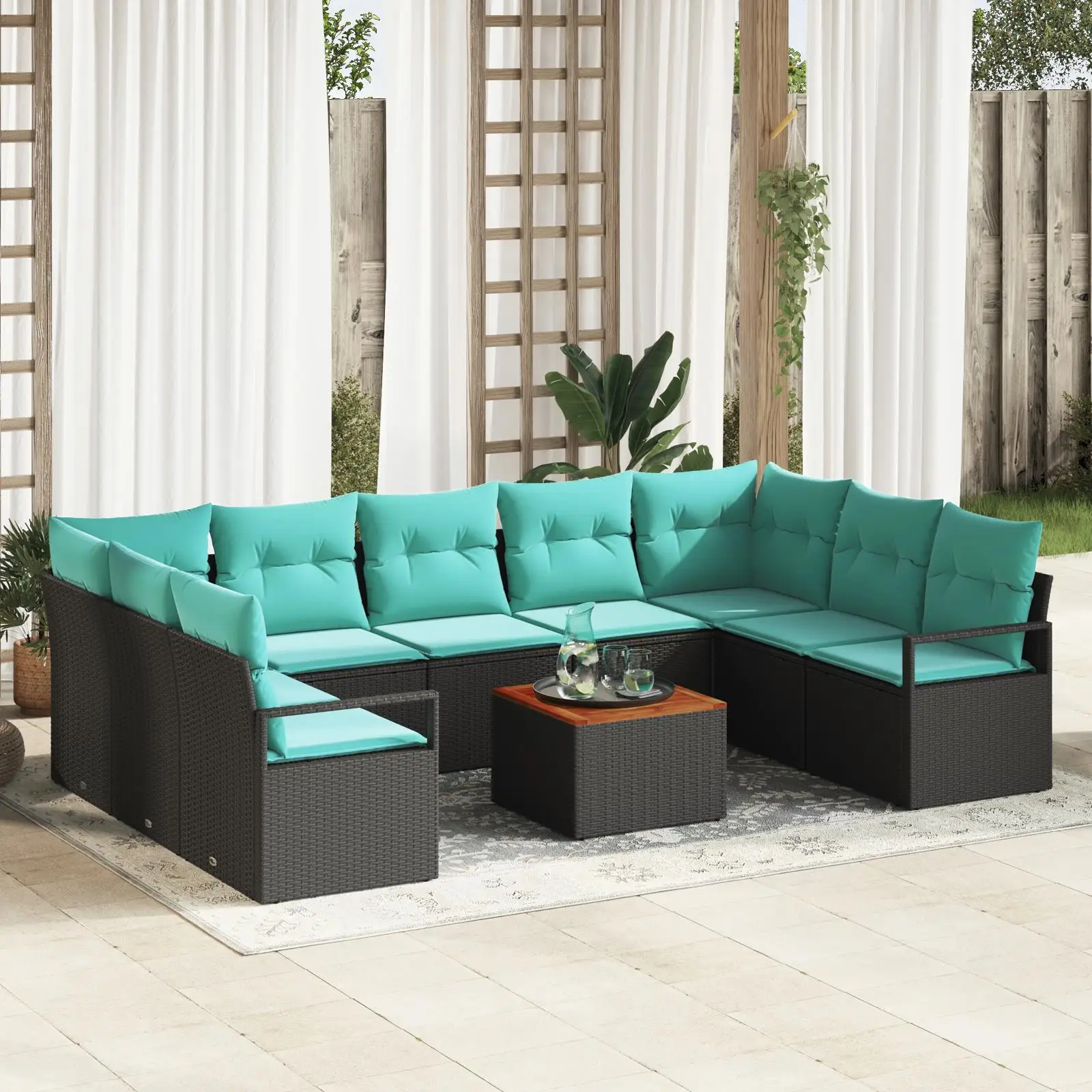 

Comfortable 10 Piece Outdoor Sofa Set with Cushions Black Poly Rattan and Acacia Wood Ideal for Garden Patio and Balcony