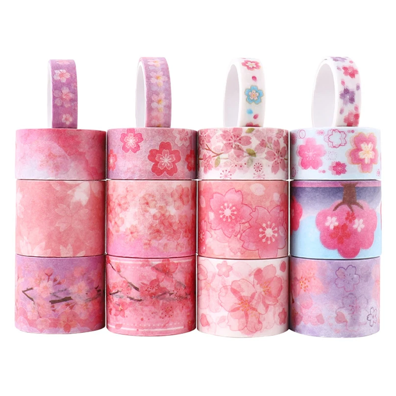 Sakura Washi Tape, suministros de álbum de recortes, Cinta Adhesiva Decorativa, suministros escolares, diario, cintas Washi, 16 rollos