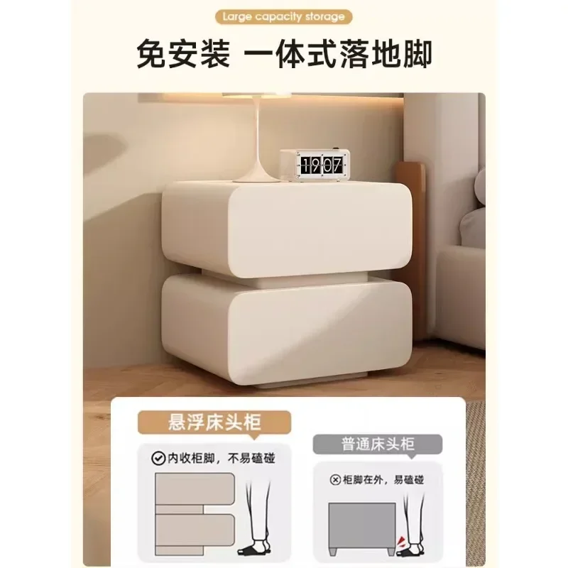 Cream wind solid wood smart bedside table simple modern rock slab bedroom home light luxury advanced free installation bedside t