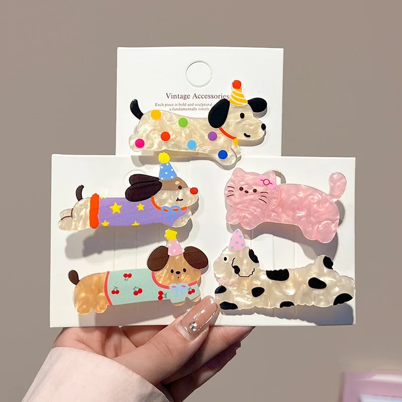 5pcs Cartoon Cute Puppy Headwear kitty Hair Clip Acrylic Christmas Hairpins Sweet Animal Bangs Clip For Girls Hair Accessories