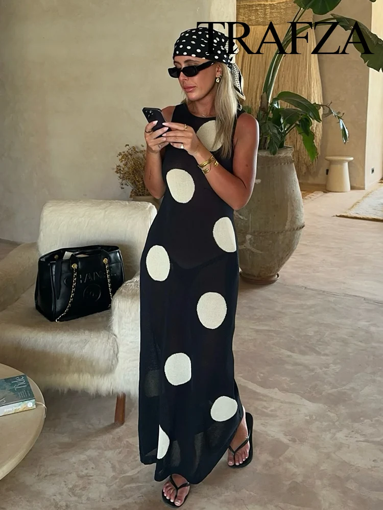 

HH Women Fashion Versatile Crew Neck Knitted Polka Dot Print Sleeveless Dress Female Chic Casual Slim Midi A-line Long Dress