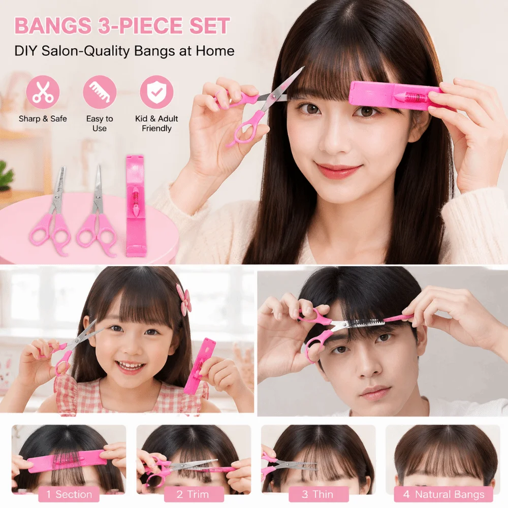 3pcs/set Precise Bangs Trimming Tool Set Point Cuts Thinning Shears Kids Bangs Cutting Kit Flat Tooth Hairdressing Scissors