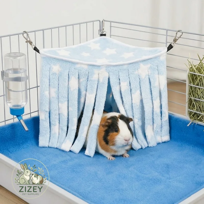 Meerschweinchen-Eck-Fleece-Versteck mit Hängevorhang und Quasten, Hängematte, Haustierbett für Kaninchen, Chinchilla, Frettchen, Ratte, Käfigdekoration – Detail 3
