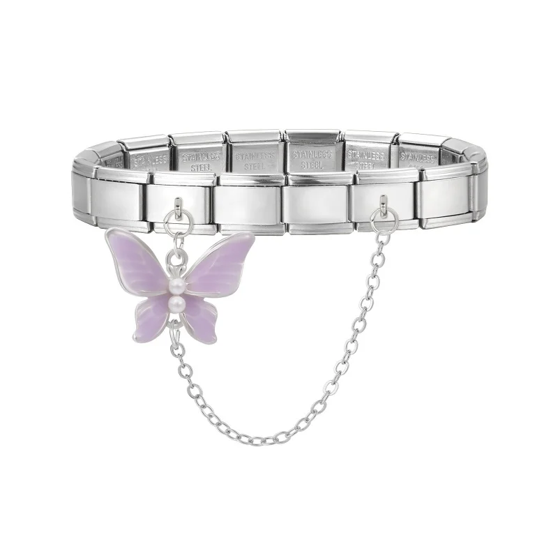 

New Sweet Flower Butterfly Moon Tassel Chain Italian Charm Links Fit 9MM Stainless Steel Bracelet Women DIY Making Jewelry