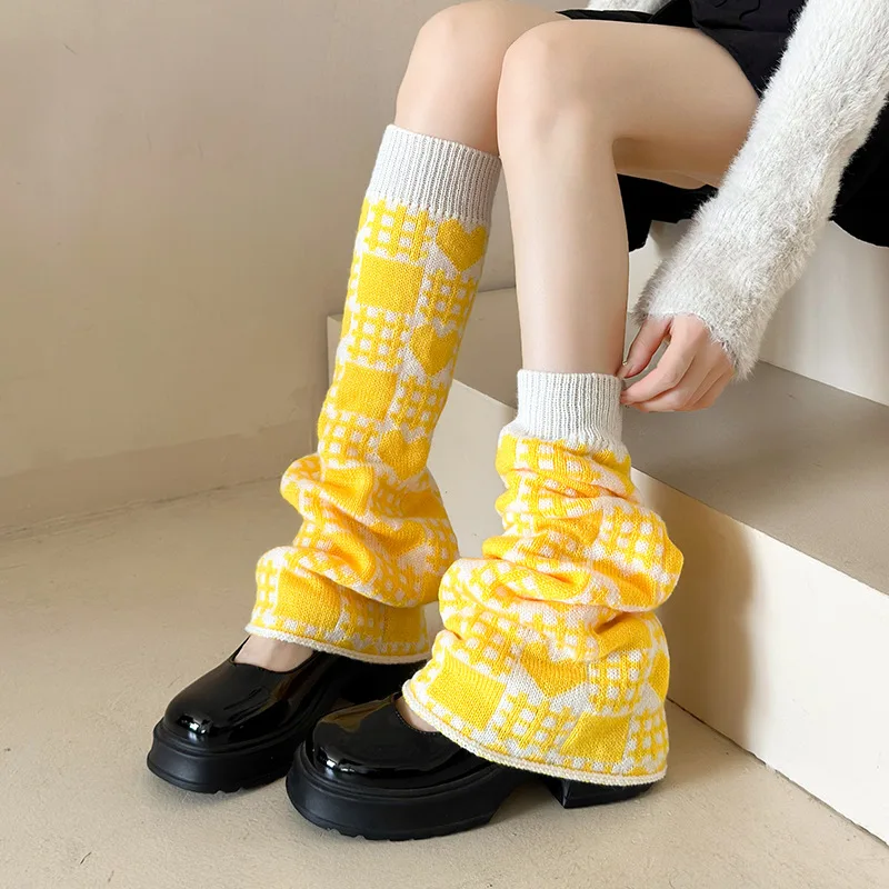 New Y2K Kawaii Leg Warmers Lolita Gothic Punk Stacked Socks Cute Block Heart Pattern JK School Harajuku Streetwear Aesthetic​