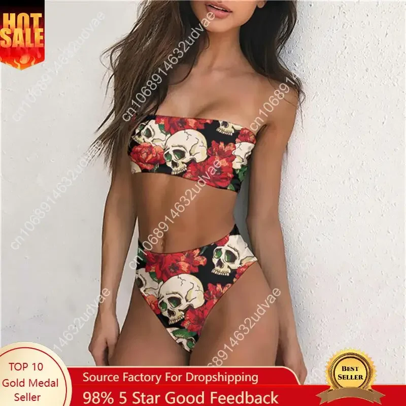 Swimming Suit for Women Swimsuit Sexy Bikinis Set Floral Skull Print Ladies Bathing Suits Beach Wear Bandage Swimwear Biquini