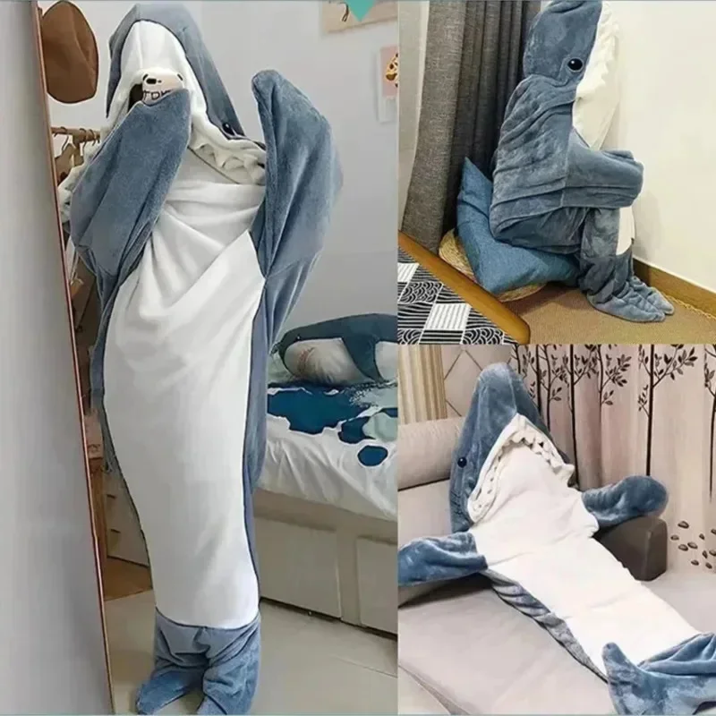 Winter New Shark One Piece Pajamas Cartoon Animal Sleeping Bag Flannel Couple Home Wear Trend Warm Fun Pajamas For Child Adult