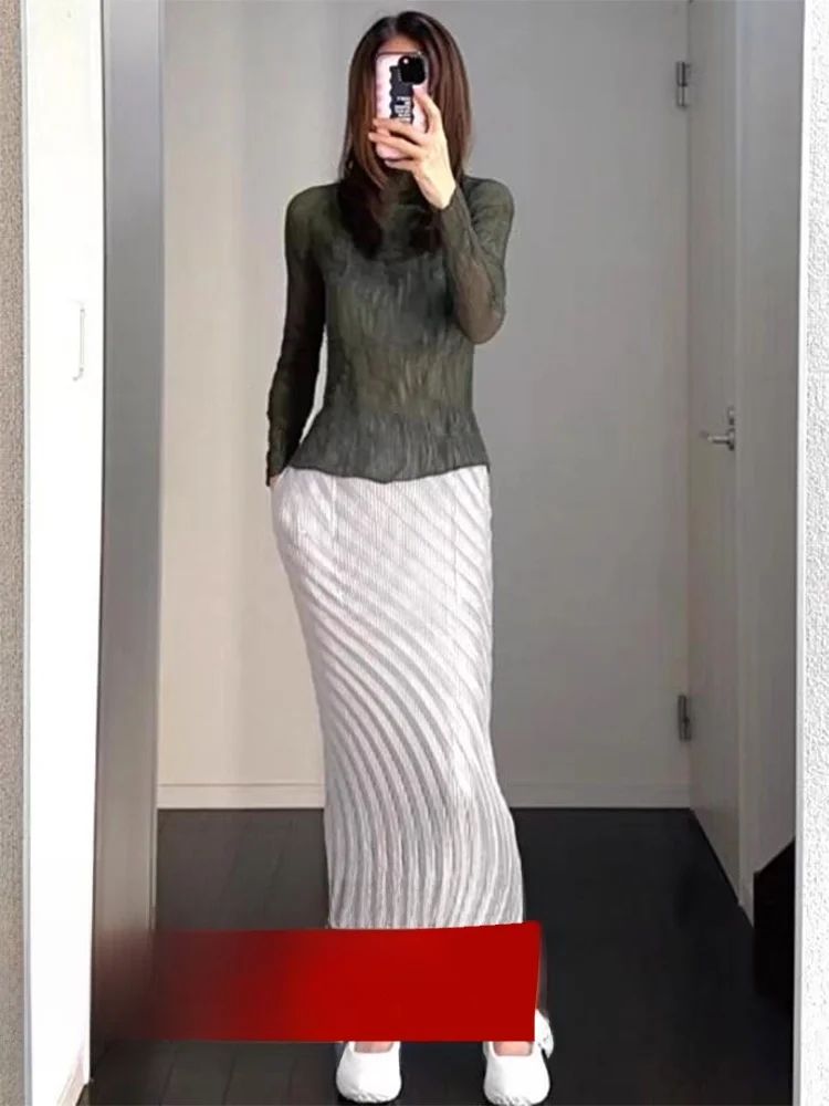 

High Waist Slim Fit Midi Skirt Autumn Pure Color Pleated Versatile A-Line Dress for Women Casual Commute Style Polyester Fabric