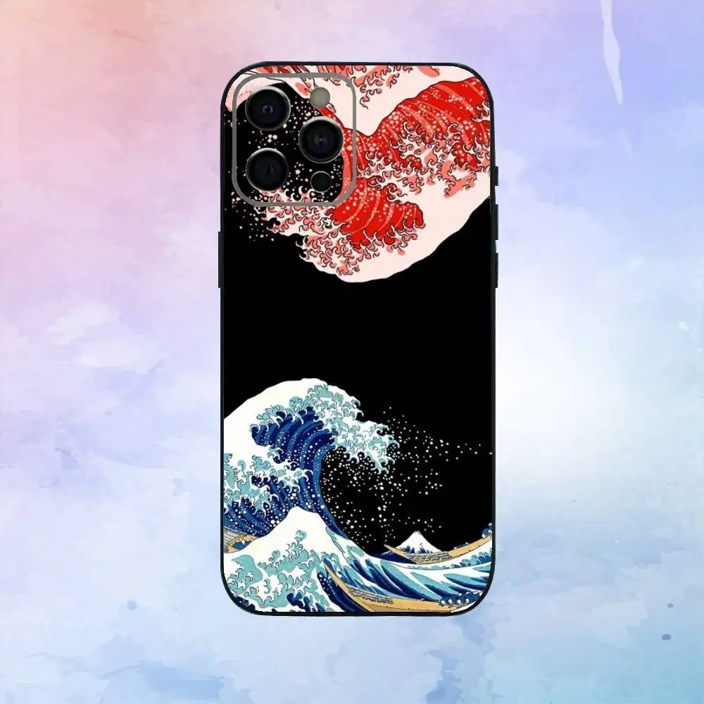 Etui na telefon z motywem Wielkiej Fali w Zatoce Kanagawa dla iPhone'a 17, 16, 15, 14, 13, 12, 11 Plus, Pro Max, miękki czarny pokrowiec