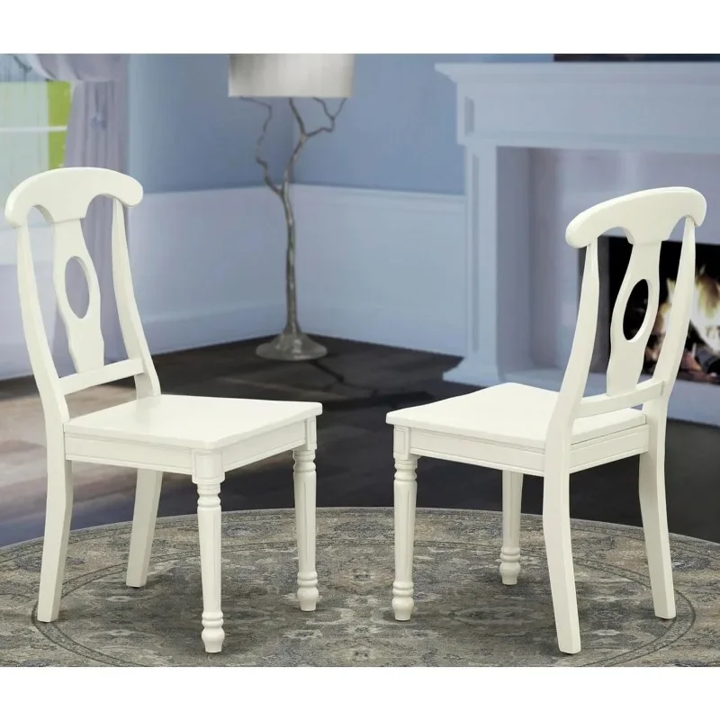 KEC-LWH-W-Sillas de comedor Kenley, asiento de madera maciza con respaldo de Napoleón, sillas de cocina, Juego de 2, lino blanco