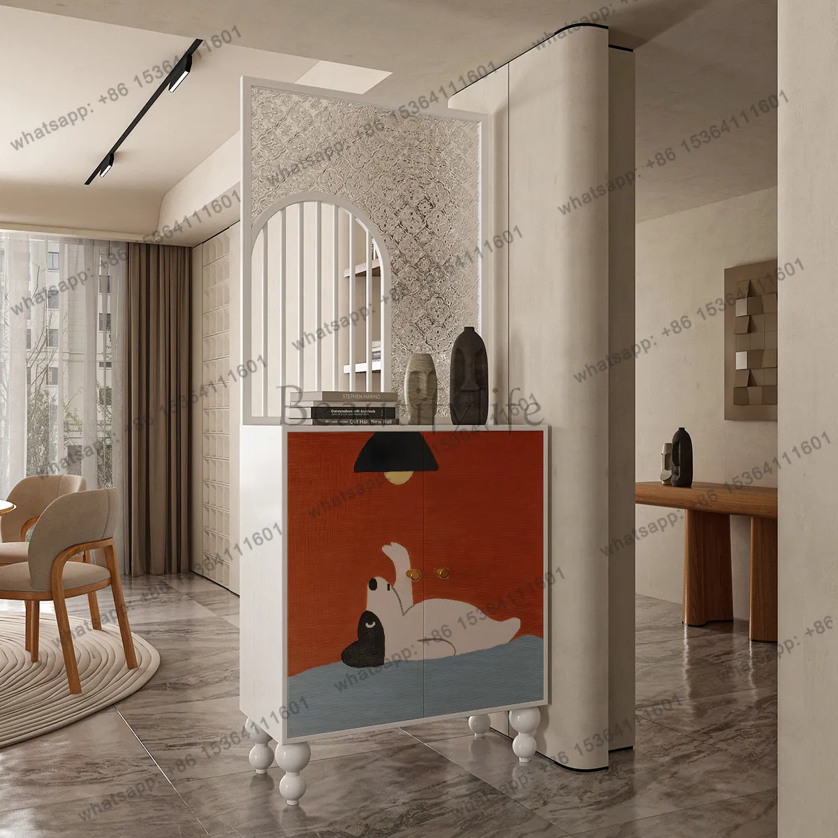 Simple modern glass screen partition entrance door and wood porch cabinet are integrated