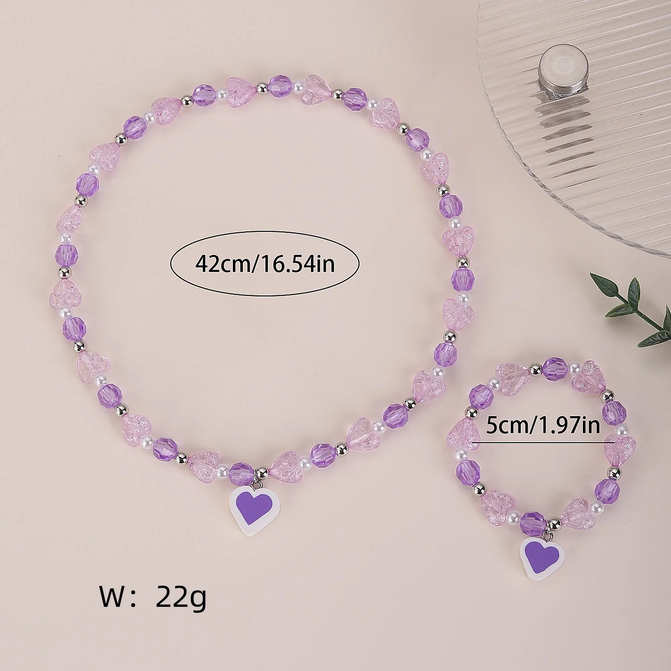 الأطفال الأرجواني كريستال على شكل قلب قلادة سوار دعوى لطيف مطاطا مطرز قطعتين مجموعة هدية صديق جيد