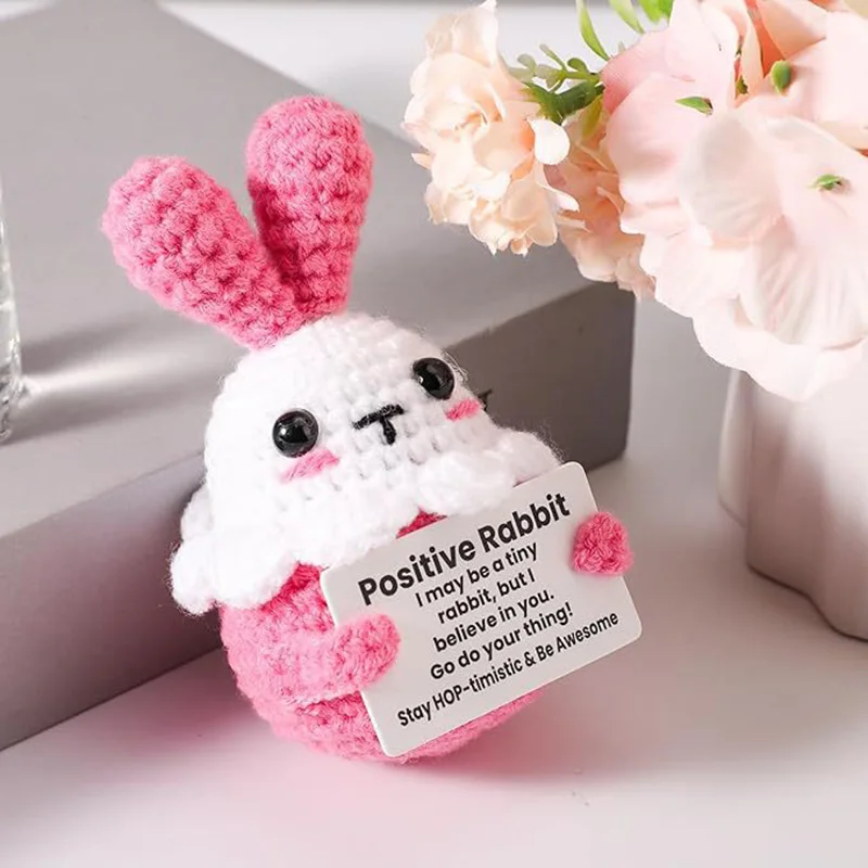 Crochet Rabbit Doll Ornament Home Room Decoration Handmade Knitted Positive Energy Bunny Doll With Card Christmas Party Gifts
