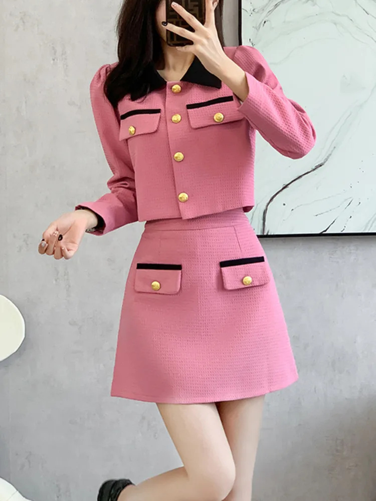 Spring Autumn Women Sweet Tweed Skirt Suits Turn-down Collar Long Sleeve Short Jacket And High Waist Mini Skirt Two Piece Set