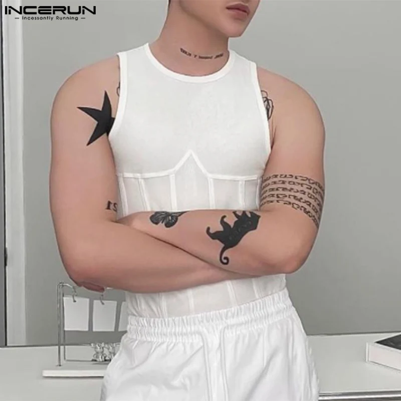 INCERUN Tops 2024 Korean Style Handsome Men O-neck Patchwork Line Vests Casual Streetwear Personality Sleeveless Tank Tops S-5XL