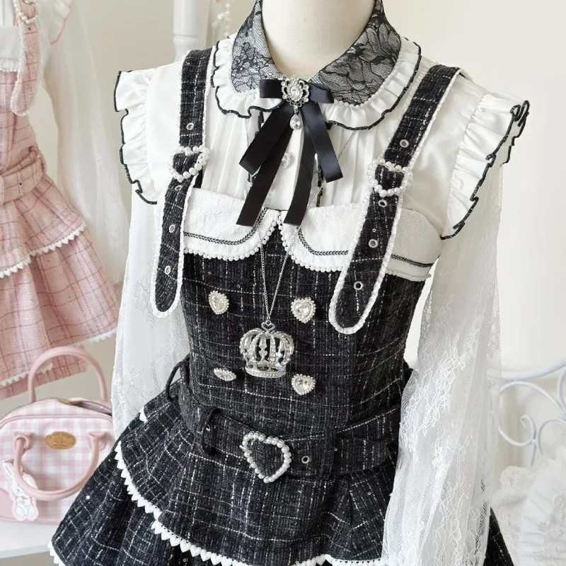 Japoński styl, koronkowa, urocza, czarna sukienka na ramiączkach w kratę z szortami, zestaw 2-częściowy Rojita, słodkie ubrania Y2k, nowy jesienno-zimowy komplet z długim rękawem.