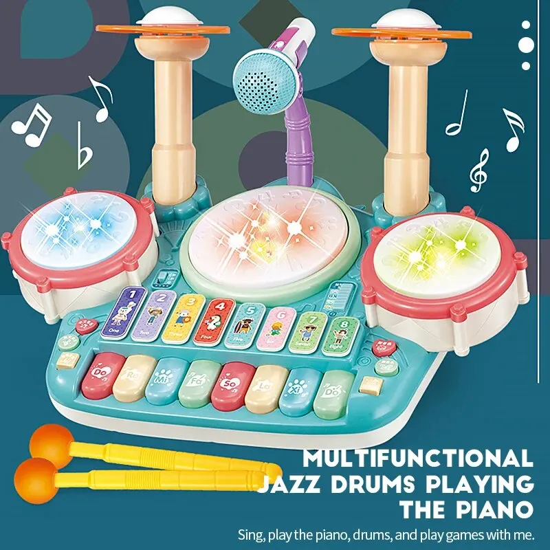 Juego de tambor de juguete para niños, instrumentos musicales, luces de micrófono, Teclado de Piano, juguetes educativos de aprendizaje temprano, niña de 3 años