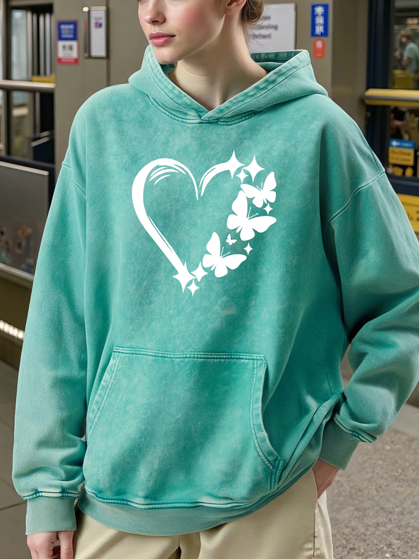 Kombination von Liebe und Schmetterling Druck Frau gewaschen Hoody lose Baumwolle Hoodies Herbst Winter Casual Pullover Tasche Sportbekleidung