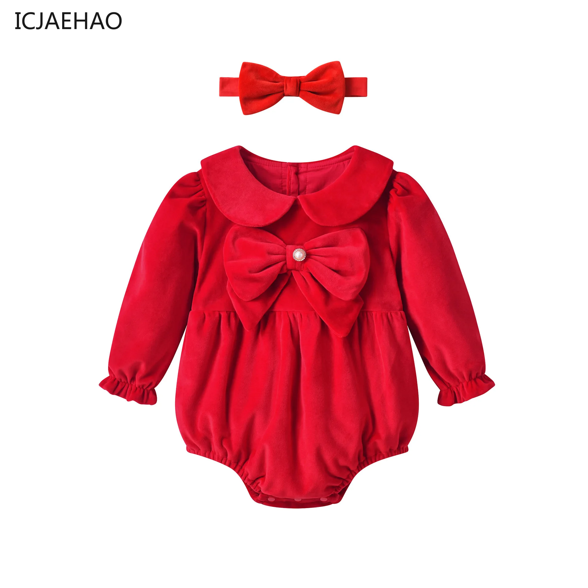 2025 Newborns Baby Rompers for Girl Spring Winter Red Bow Velvet Jumpsuit Headband Sets Birthday Climbing Bodysuit Clothes Tops