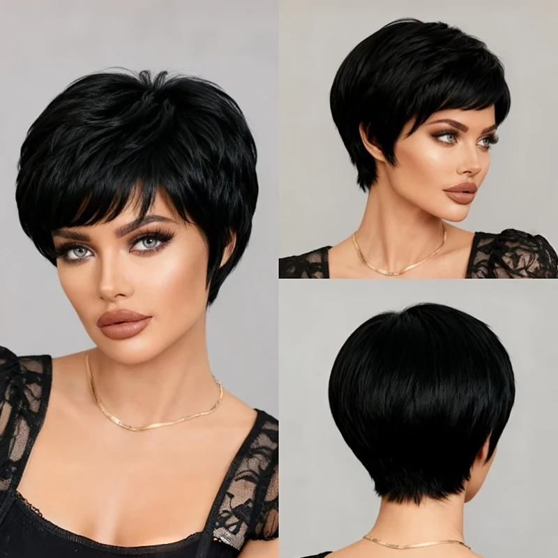 An 8-inch black, short-style synthetic wig for women, with a natural look and easy to wear, suitable for all women’s outfits.