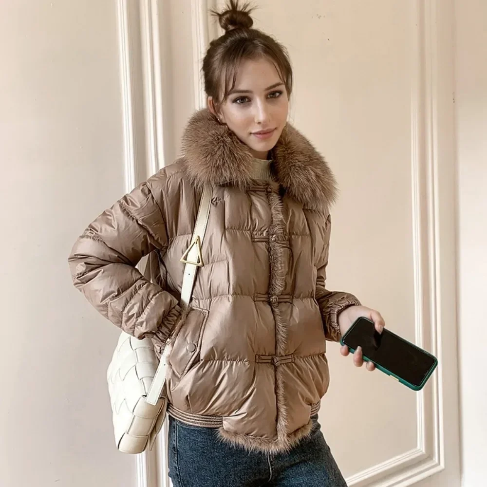 Short Warm Puffer Coat Female Vintage Real Fox Fur Jacket Loose White Duck Down Jacket Ladies Winter Women Parka Outerwear