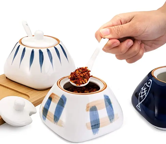 Ceramic Spice Jar, Sugar Salt Container , Condiment Pots Set, Hand-Painted Seasoning Jar with Porcelain Lids.For Home Kitchen.