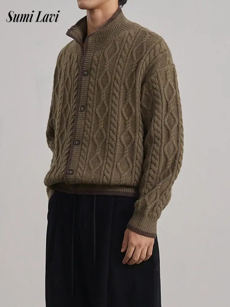 

Fashionable Stand Collar Button-up Sweater Coat Men Autumn Winter Daily Casual Knitted Cardigan Mens Vintage Twist Knit Jackets