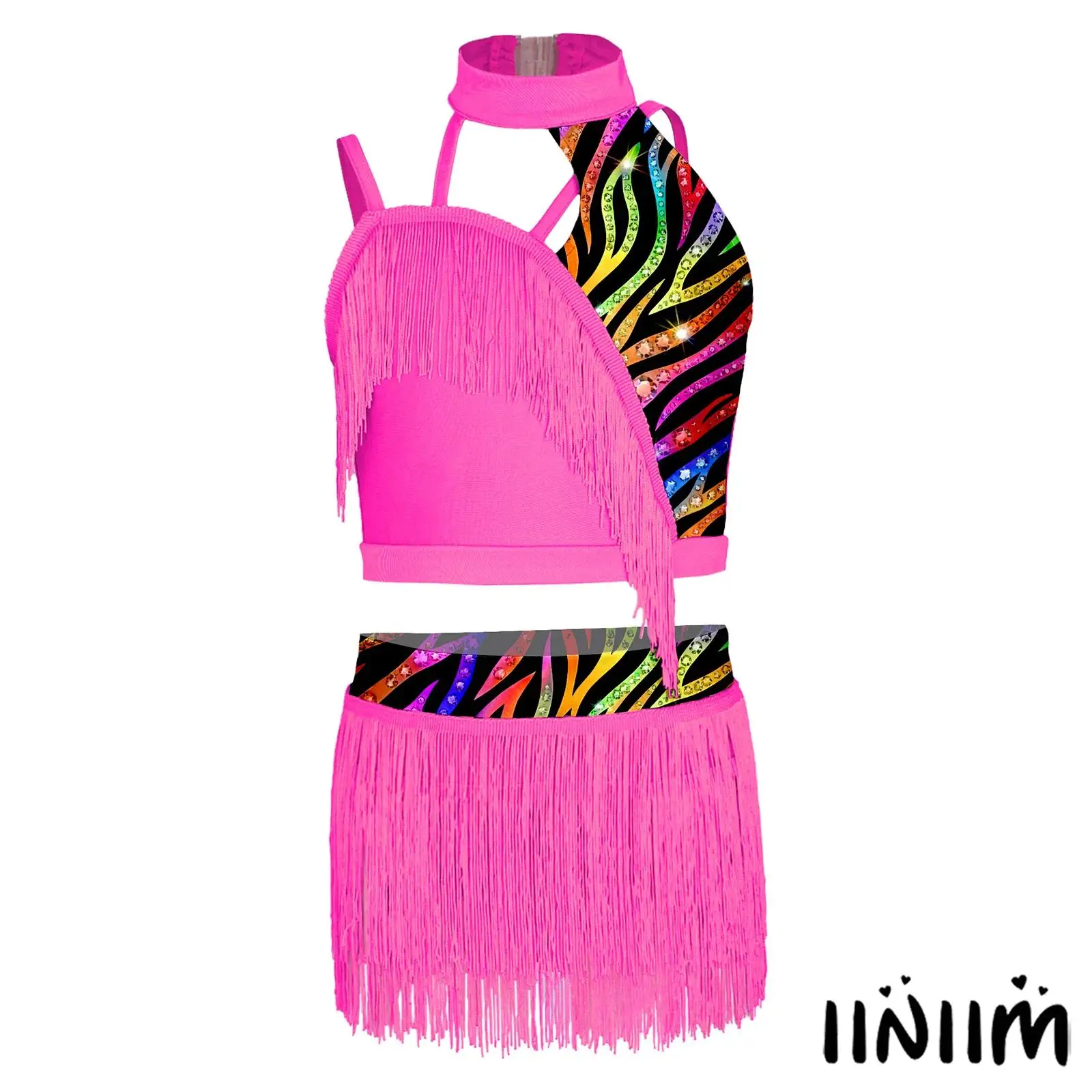 

Children Girls Printed Latin Ballet Dance Outfit Asymmetrical Tassel Vest with Fringed Skirt for Tango Salsa Stage Performance
