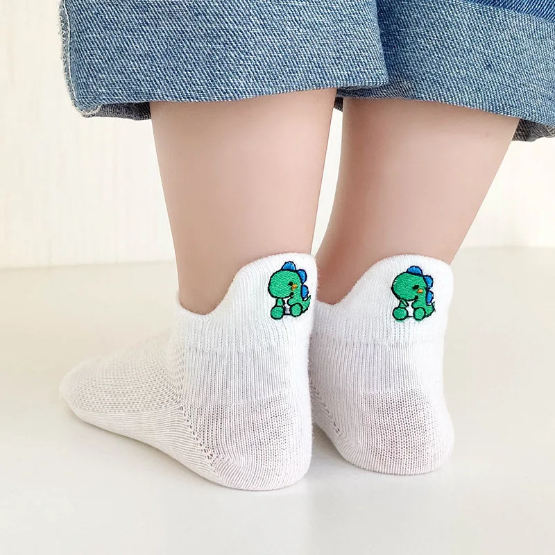 4 Pairs of Summer Children\'s Cartoon Embroidery Dinosaur Cotton Thin Mesh Breathable Cute Boys and Girls Baby Socks