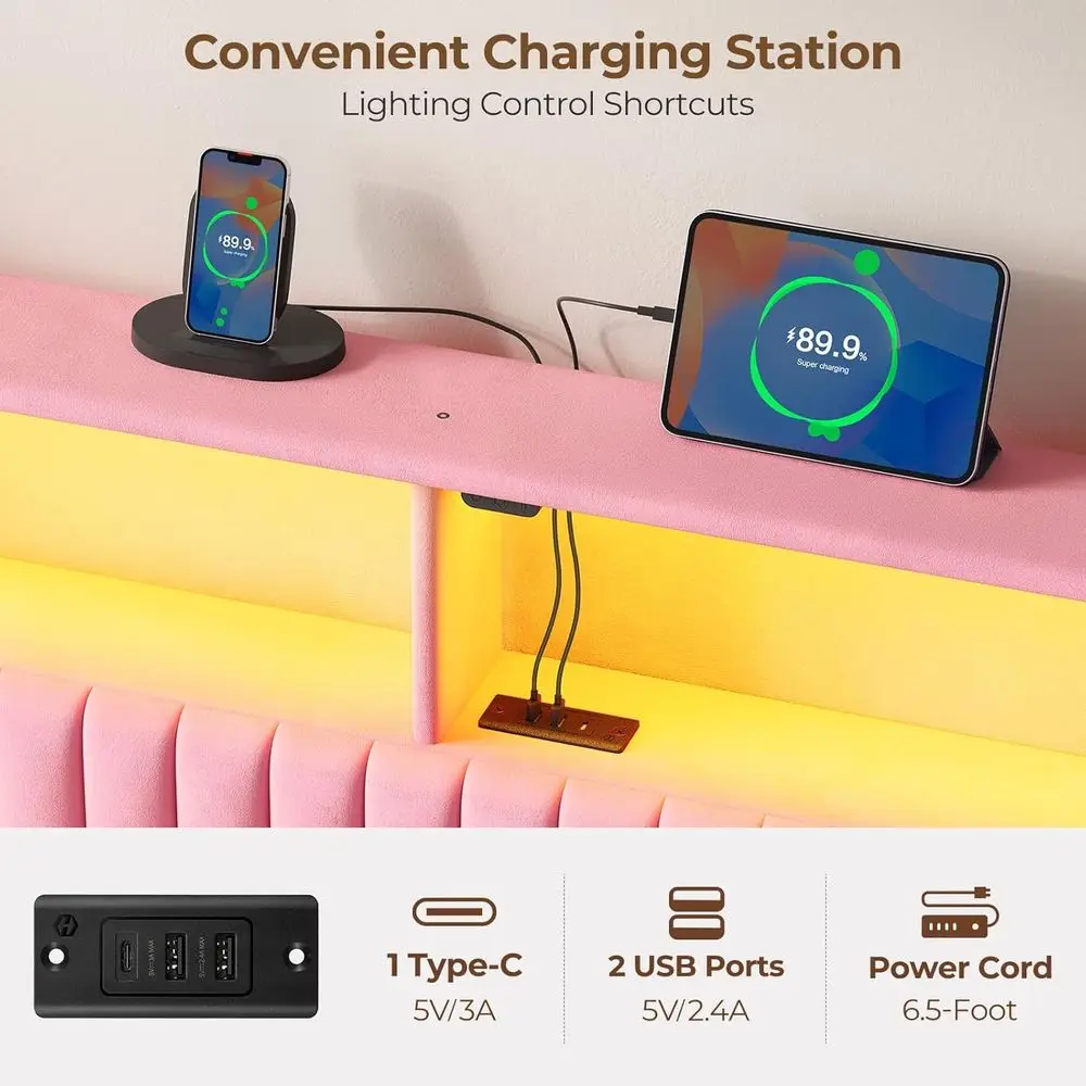 سرير كوين منجد مخملي DIY من DAFIFY مع مساحة تخزين، منافذ USB ونوع C، 60,000 لون LED، ارتفاع قابل للتعديل، سهل التجميع، P