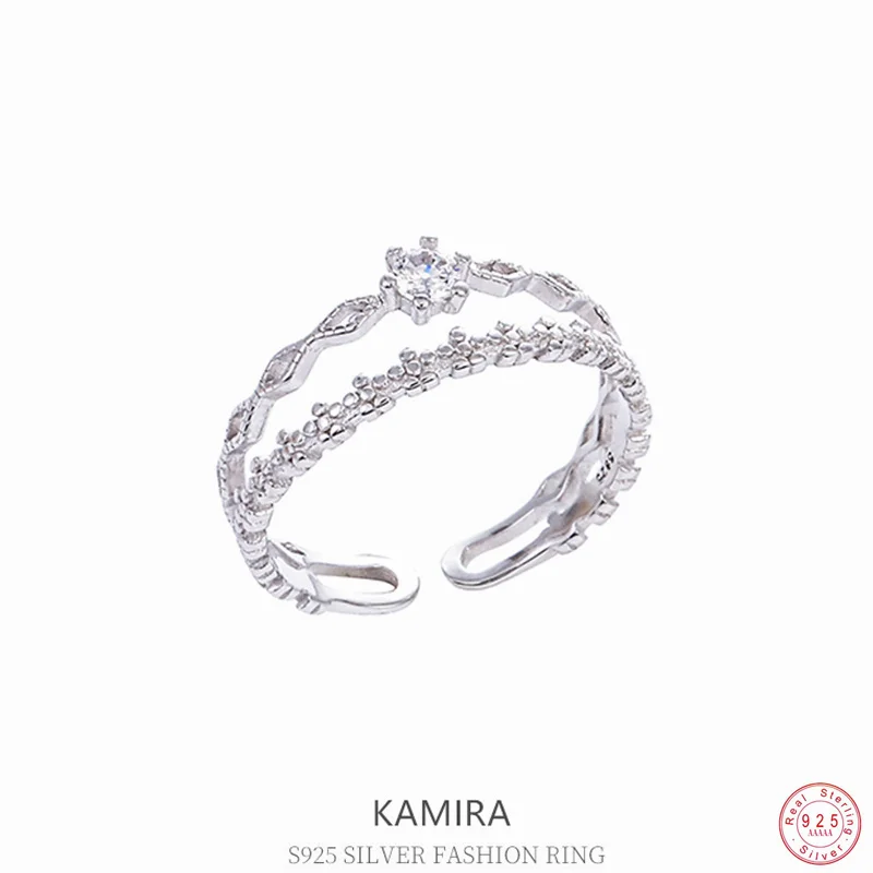 KAMIRA 925 Sterling Silver Wedding Jewelry Charms Romantic Double Flowers Zircon Open Rings for Women Delicate Elegant Fashion