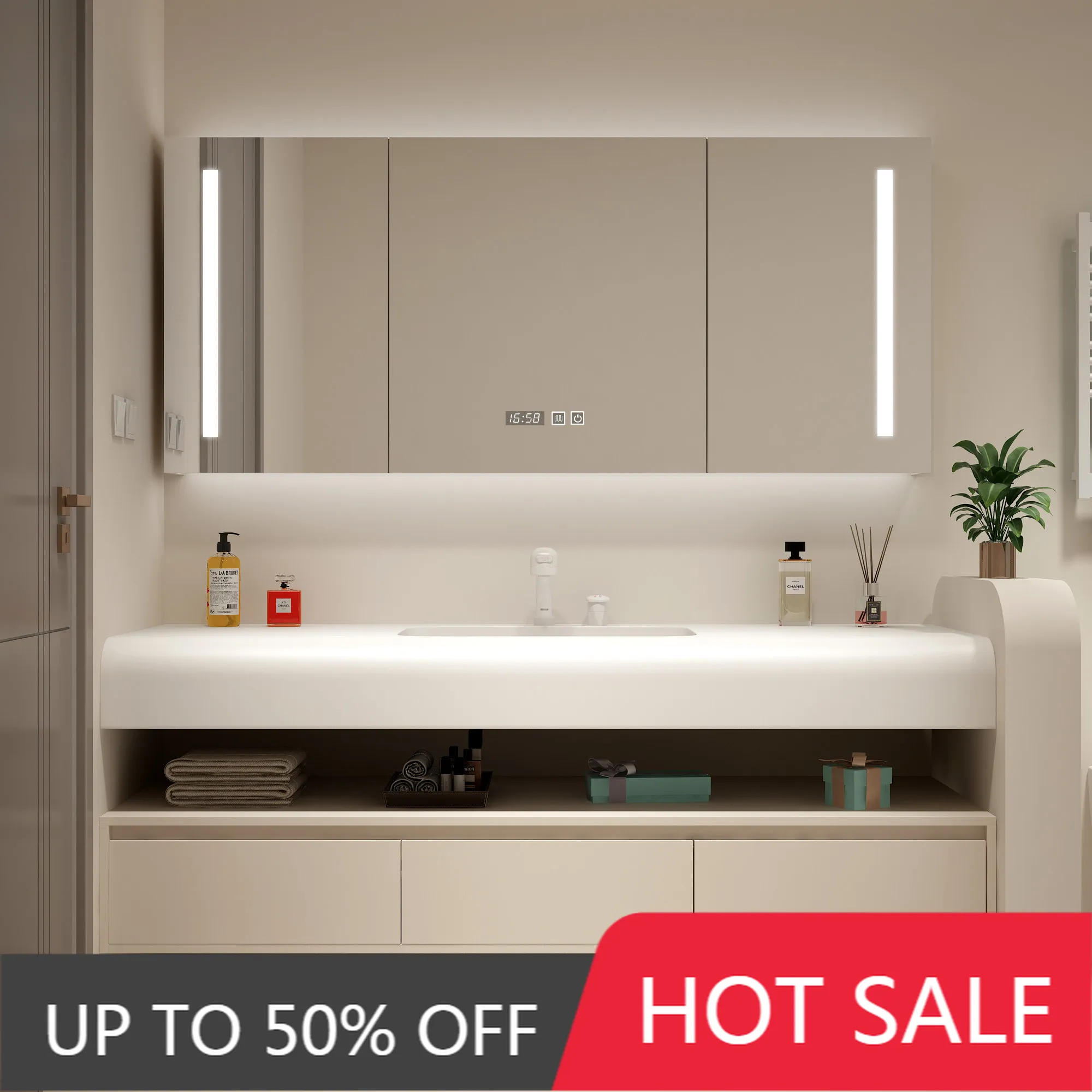 Bathroom Furniture Cream-Colored Imported Corian Integrated Bathroom Vanity Unit with Robot Vacuum Cleaner Washbasin Toilet Sink