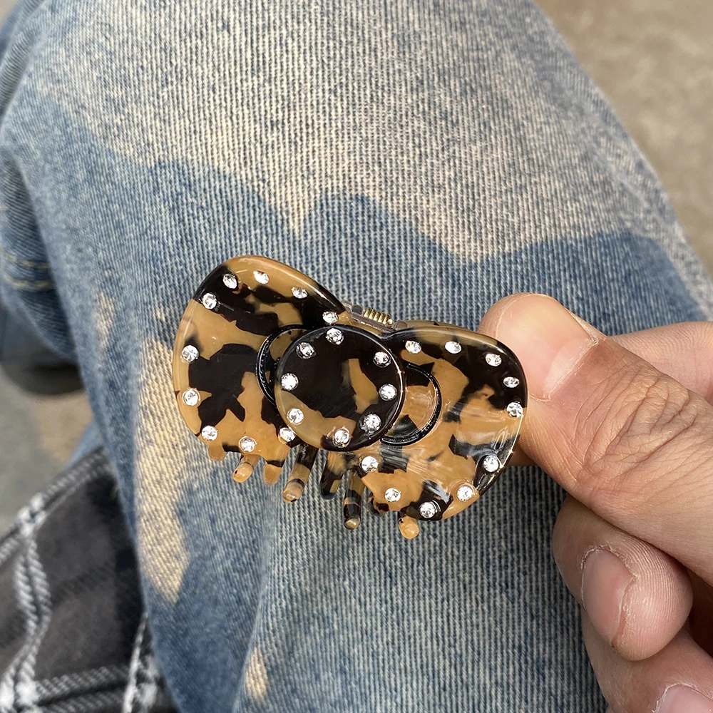 الرجعية خلات ليوبارد نمط Bowknot صغيرة كراب مشبك شعر مخلب للنساء موضة جديدة حجر الراين دبوس الشعر إكسسوارات الشعر أداة