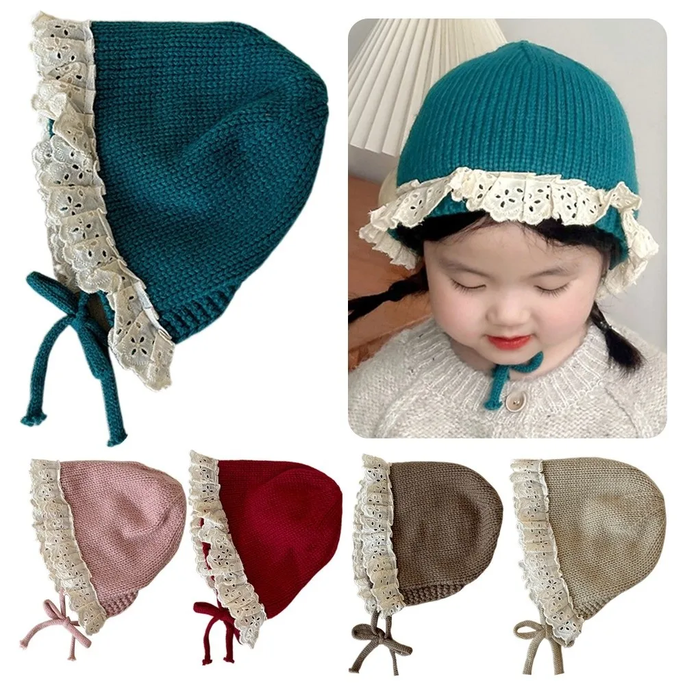 

Зимняя детская шапка с рюшами в корейском стиле, мягкие теплые защитные шапки для ушей, вязаная шерстяная шапка в стиле принцессы для мальчиков и девочек
