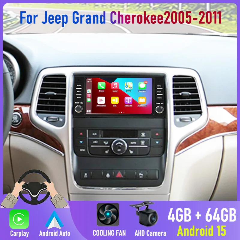 

7'' For Jeep Grand Cherokee 2005-2011 2DIN Android 15 Car Radio Carplay GPS Nav Bluetooth FM Rear Cam SUV Interior Fit Kit