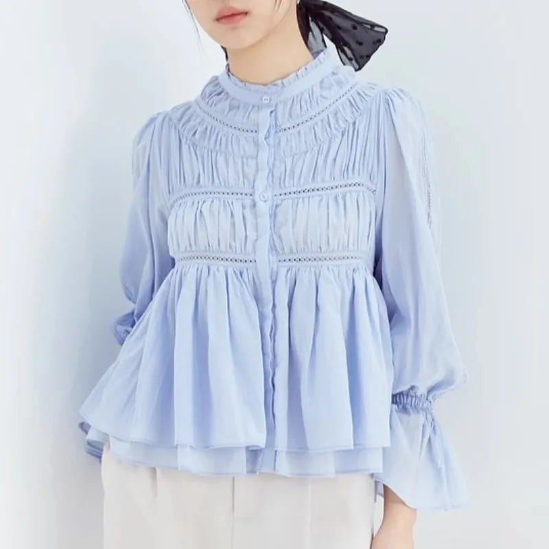 Flare Long Sleeve Shirts & Blouses Pleated Hollow Out Blusas Single Breasted Camisas Sweet Fuffles Ropa Mujer Spring Tops