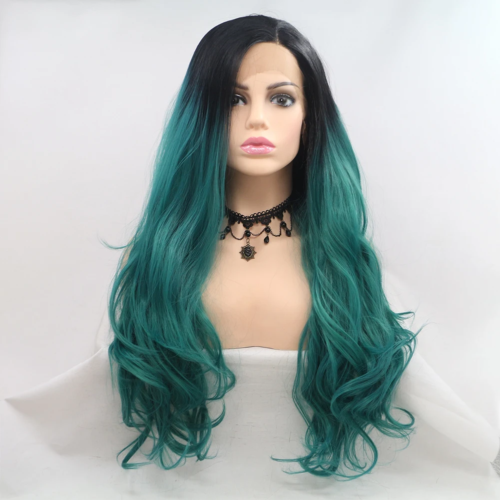 Lace Front Wigs Water Wave Natural Ombre Green Heat Resistan Fiber  Cosplay Or Party 24 Inch Hair 150%Density