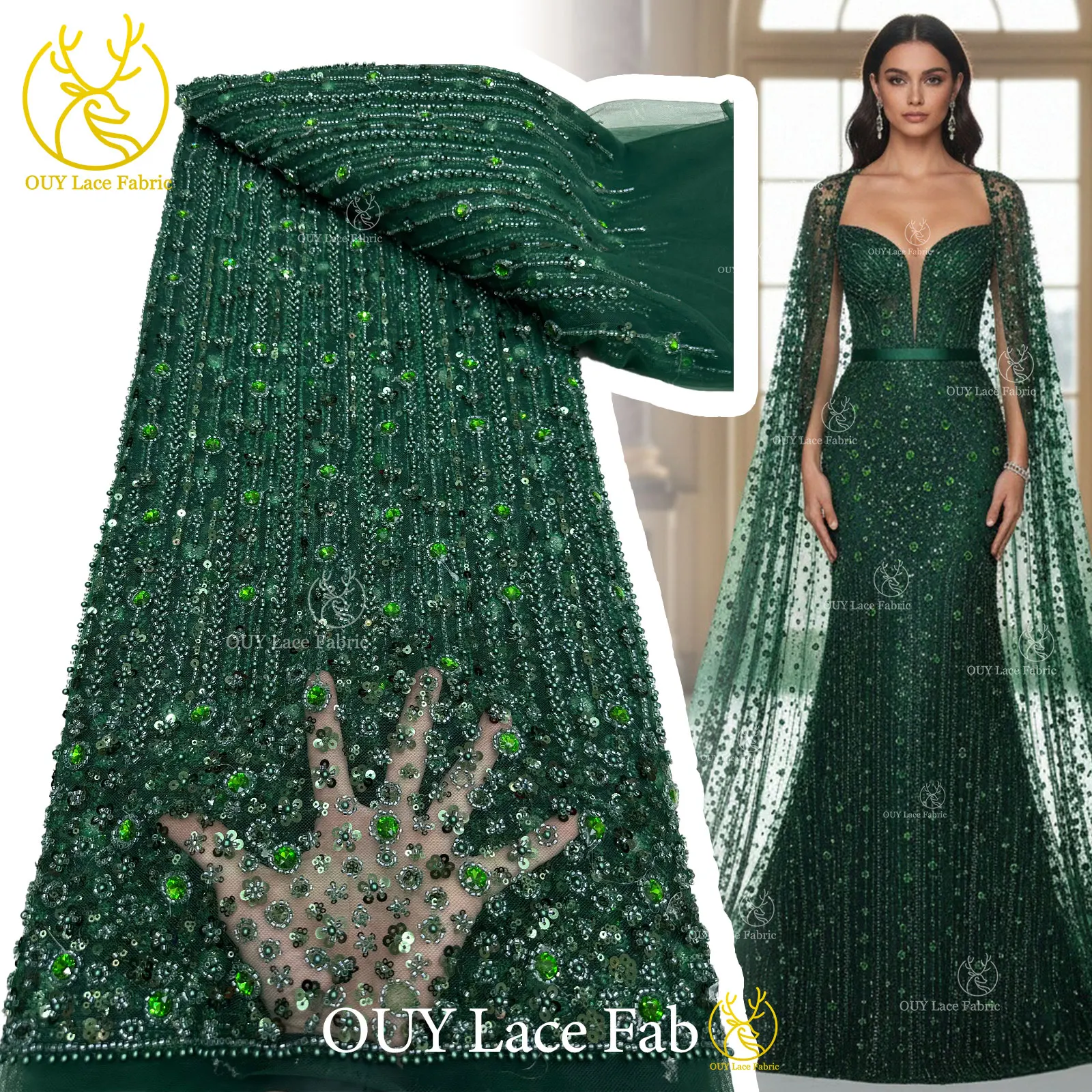 

Зеленая роскошная африканская кружевная ткань с бисером и пайетками, высококачественная французская нигерийская кружевная ткань с камнями для вечернего или выпускного платья, 5 ярдов