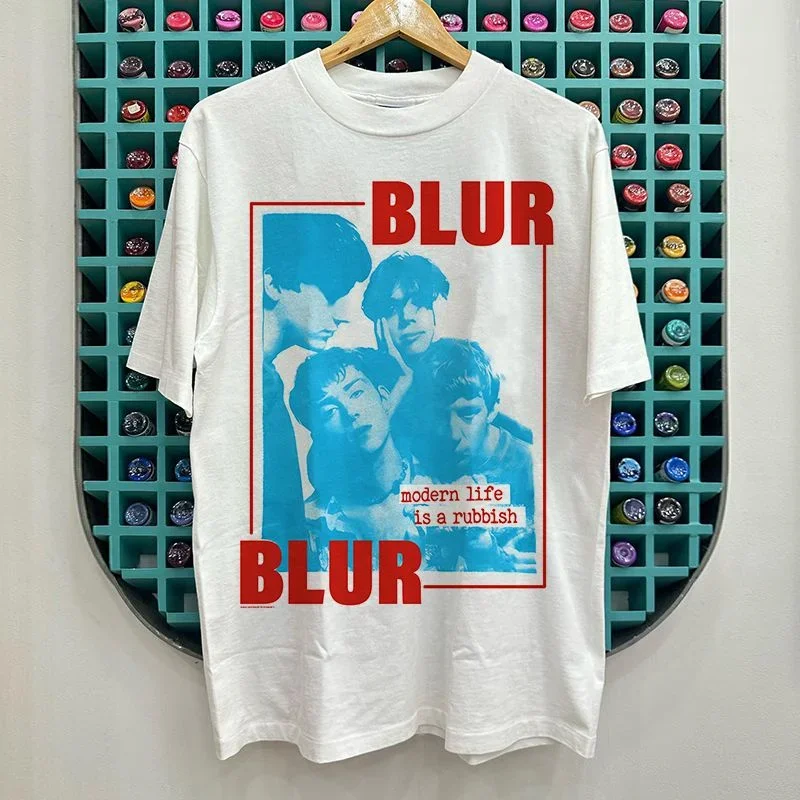 2026 New Blur Band Album Cover British Rock Pattern Print Oversized Vintage Men's Casual T-Shirt, Unisex Short Sleeve Street Tee
