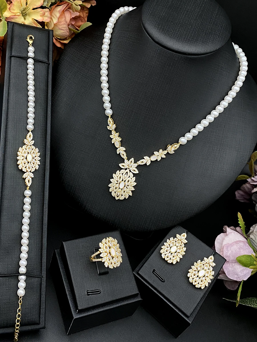 

Falair 4-piece Copper Plated Imitation Pearl Jewelry Set, Luxury Gift Box for Women , Christmas Birthday Anniversary Gifts with