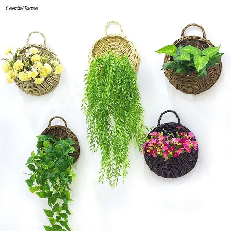 1PC Wall Hanging Flower Planter Wicker Rattam Basket Garden Vine Pot Indoor Plants Holder 4 Colors