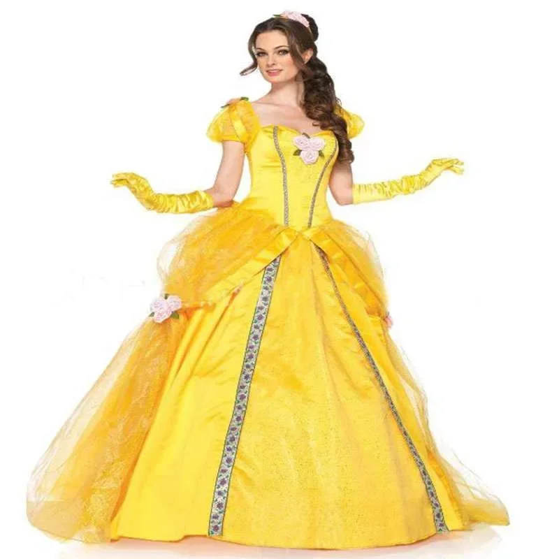 

Beauty And The Beast Bell Yellow Long Dress Halloween Costume Belle Princess Dress Masquerade Carnival Adult Belle Roles Suit