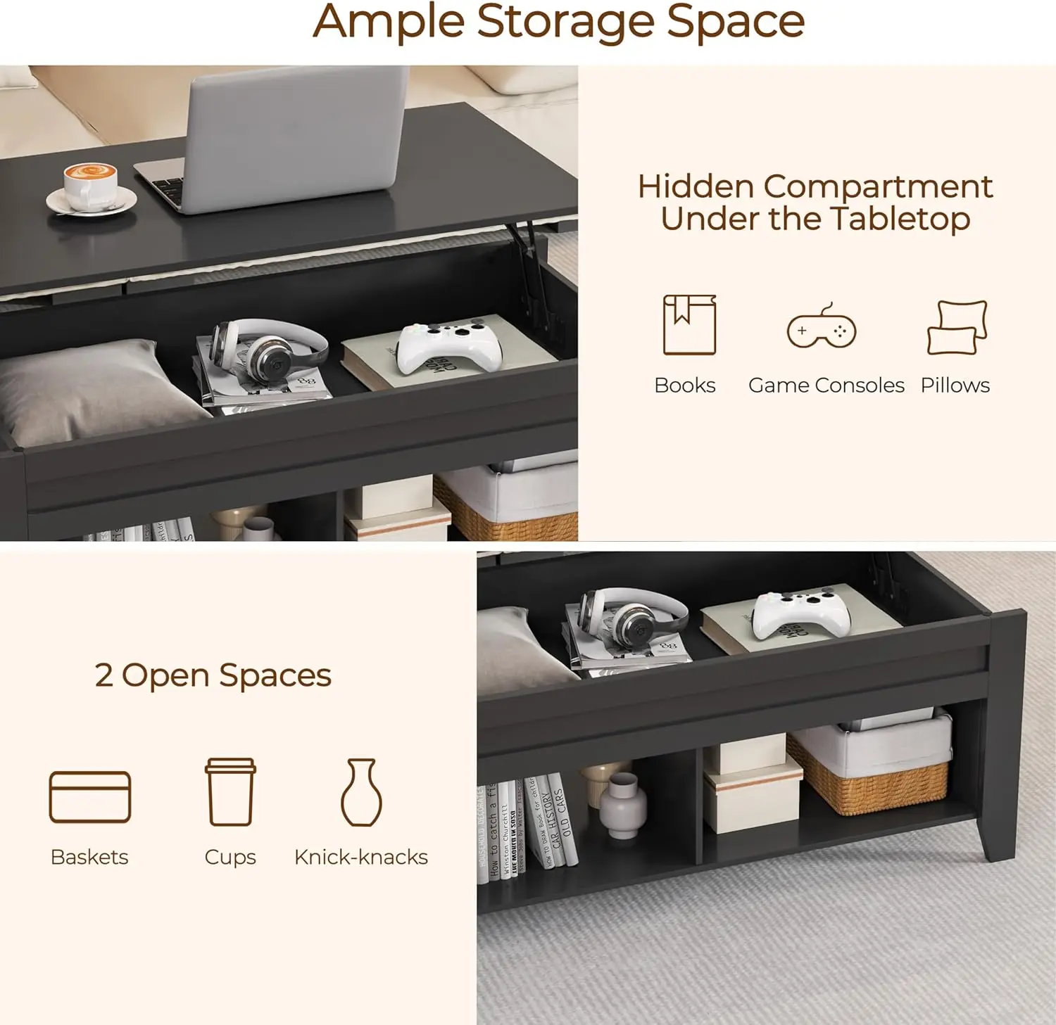 Lift Top Coffee Table with Hidden Storage, 47.5 Inch Black Design for Living Room