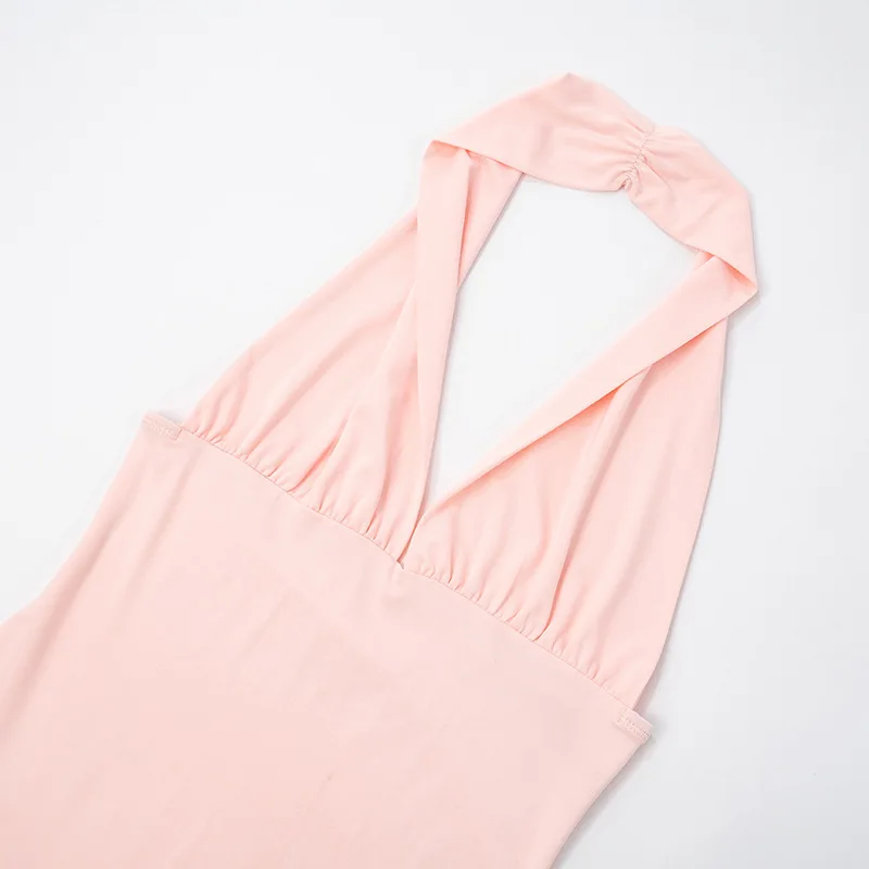 Abito longuette da donna con scollo all'americana senza schienale solido Abito longuette sexy con scollo a V profondo senza maniche con volant Diviso Party Clubwear Abiti da spiaggia per le vacanze di moda